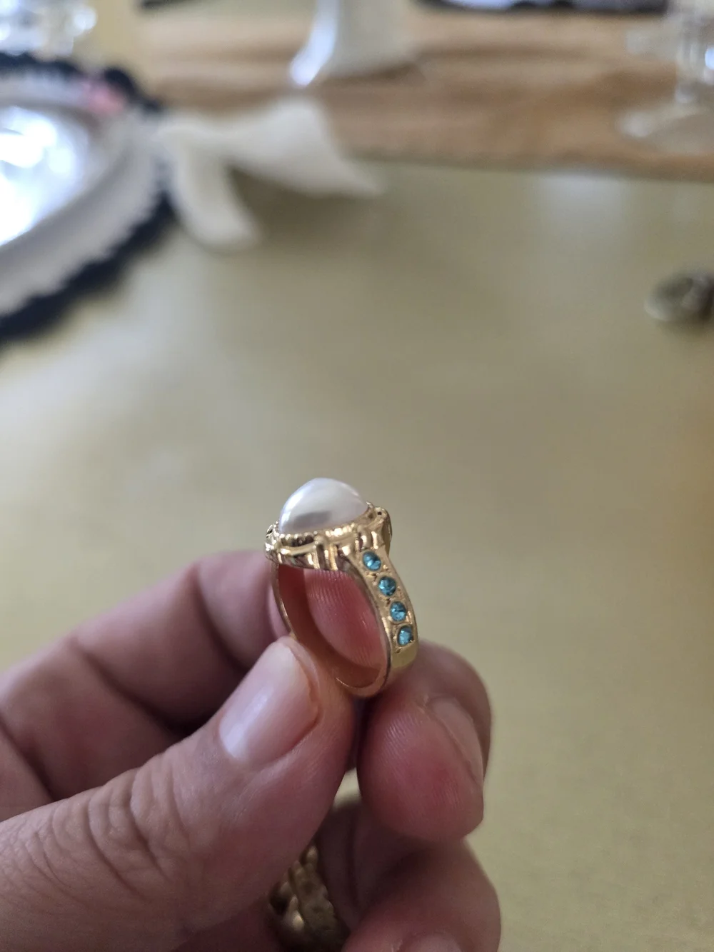 Gold White Pearl Teardrop Ring with Blue Accent  Stones